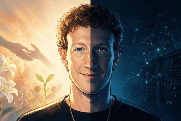 Retrato del fundador de Meta exponiendo la visión de Mark Zuckerberg sobre la inteligencia artificial en una conferencia tecnológica.