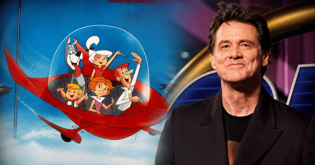 Fotomontaje conceptual que combina el rostro de Jim Carrey con la ilustración clásica de Súper Sónico para la película live-action de Los Supersónicos.