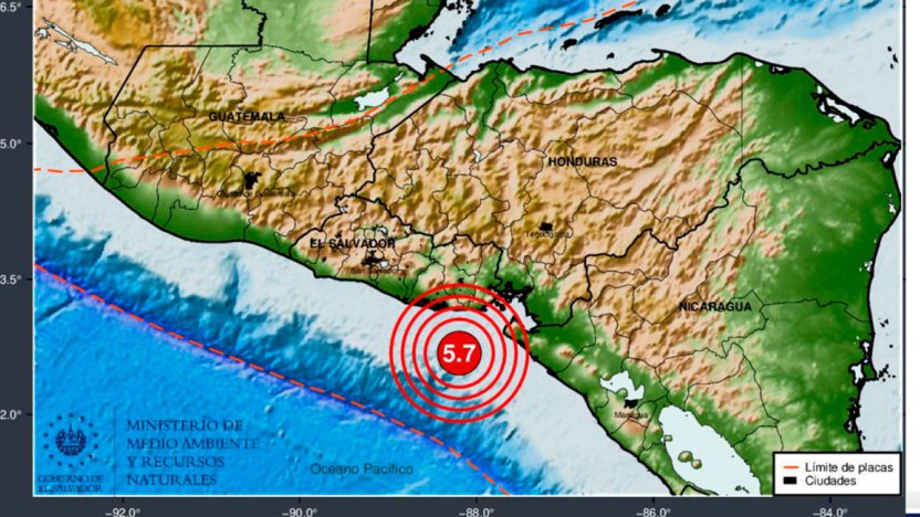 Mapa del mapa sismico centroamericano señalando el punto del sismo en El Salvador