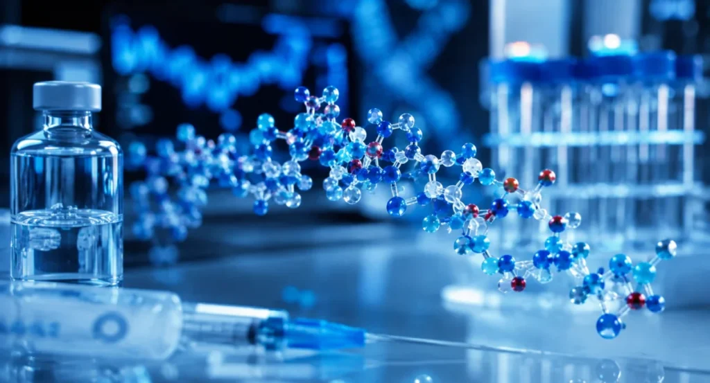 Representación conceptual de estructuras moleculares de péptidos como mensajeros biológicos en el organismo humano, simbolizando el avance de la ingeniería molecular y la nueva era de la farmacología personalizada.