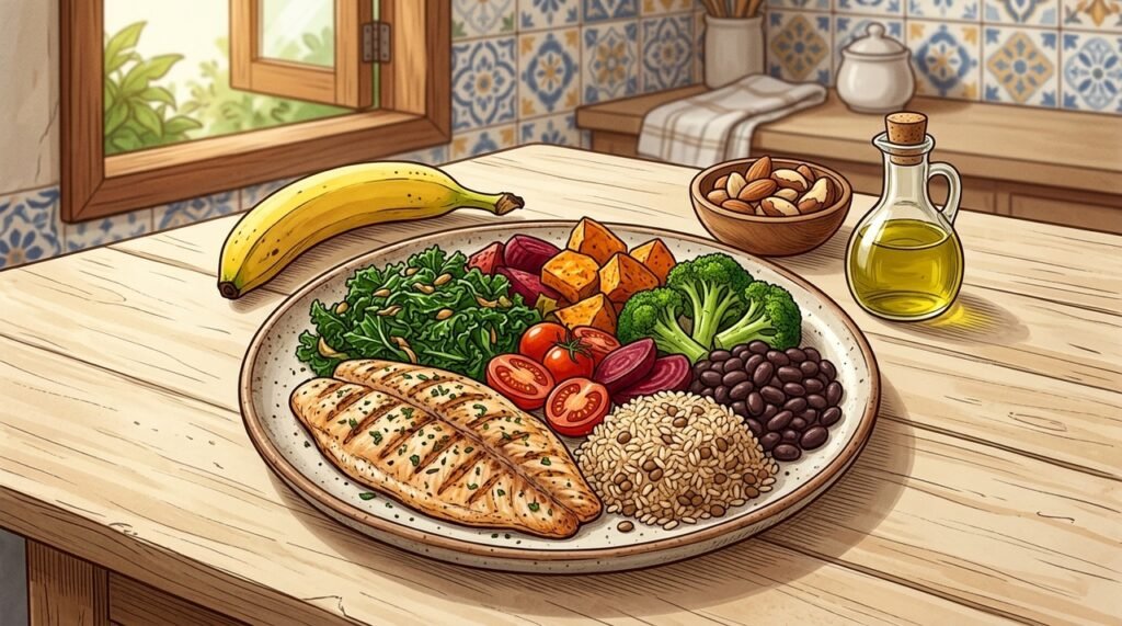 Alimentos variados en un plato ilustrando que comer de forma equilibrada nutre el cuerpo y protege la salud: frutas, verduras, legumbres, cereales integrales y aceite de oliva