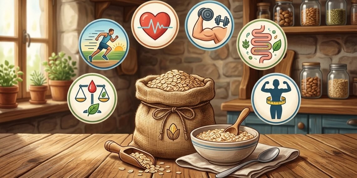 Envase de avena sobre mesa de madera — principales beneficios de la avena y propiedades nutricionales