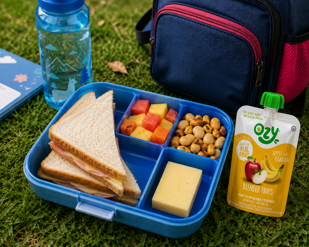 Fotografía referencial con varios alimentos frescos aplicando consejos para preparar una lonchera escolar equilibrada en el regreso a clases.