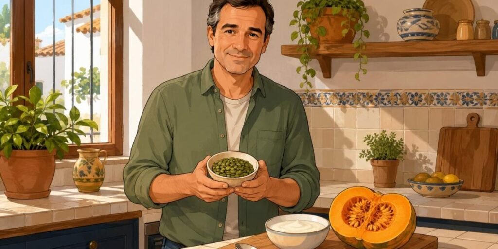 Puñado de semillas de calabaza, alimento rico en zinc y grasas saludables beneficioso para la próstata