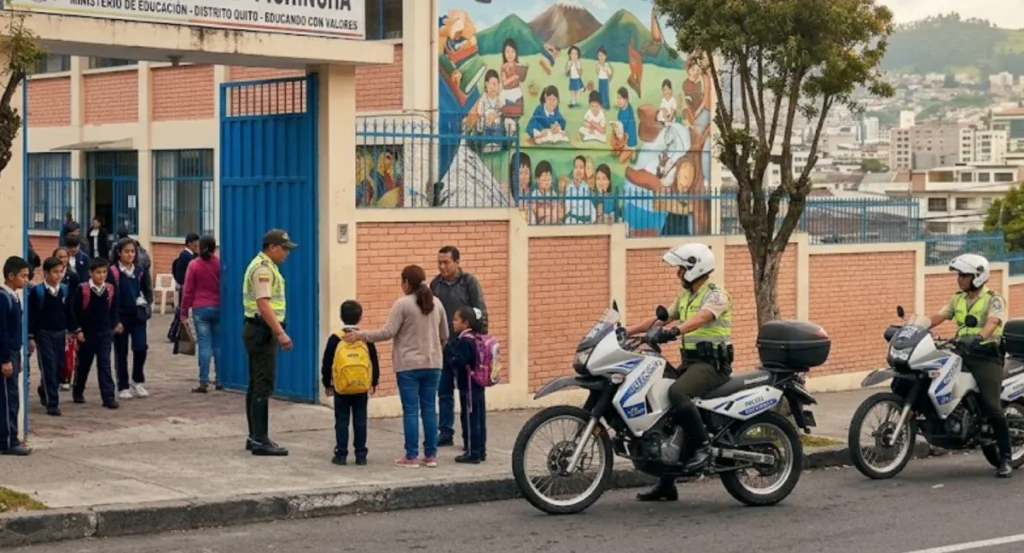 Seguridad regreso a clases con presencia policial en los alrededores de una unidad educativa de Quito.