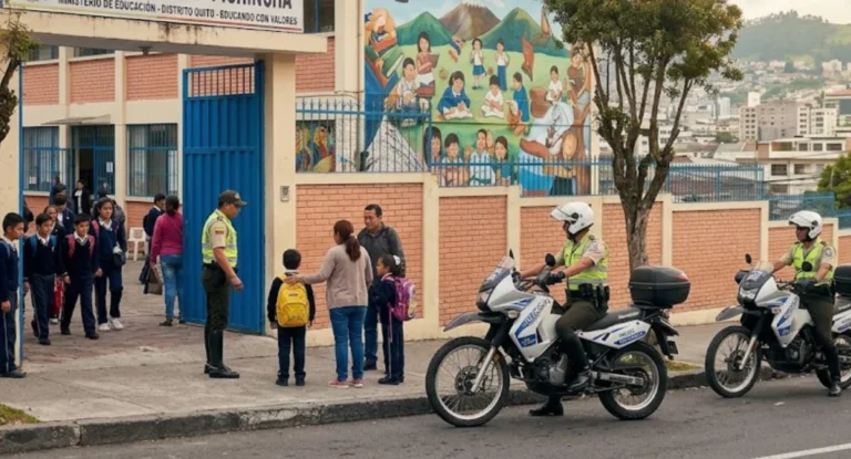 Seguridad regreso a clases con presencia policial en los alrededores de una unidad educativa de Quito.