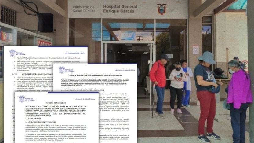 Documentos del proceso de contratación del Ministerio de Salud sobre una imagen de pacientes en el hospital Enrique Garcés, Quito, 31 de agosto de 2026