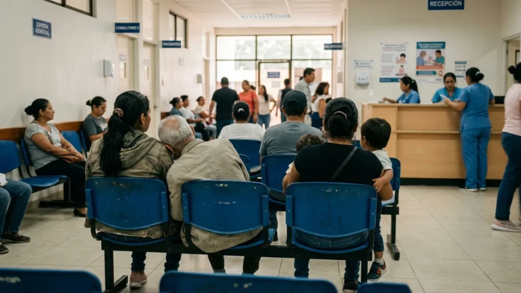 Pacientes esperan atención en sala de espera de centro de salud en Ecuador, ilustración representativa