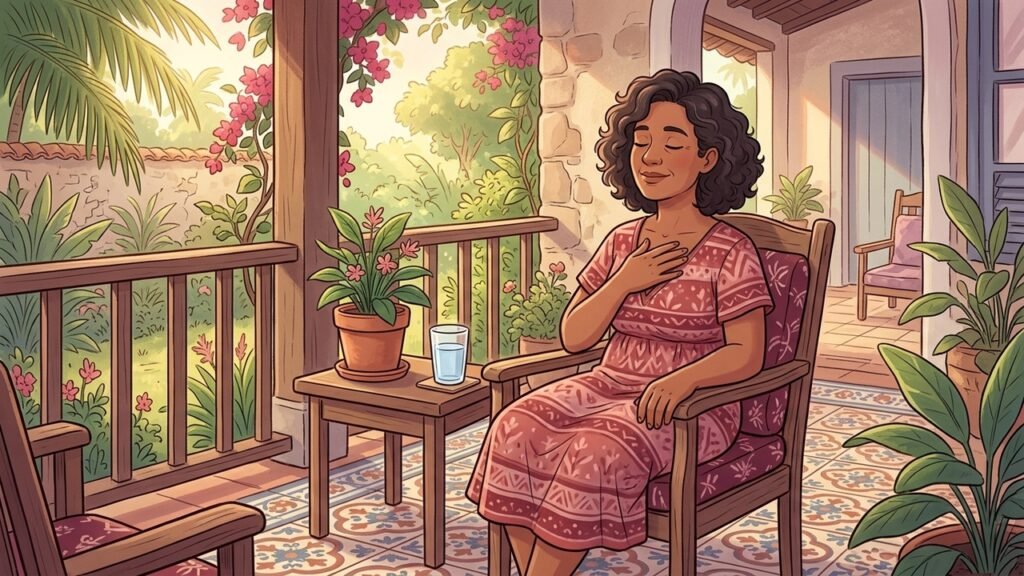 Ilustración de corazón saludable con elementos que representan hábitos diarios — respiración, sueño, alimentación y tranquilidad