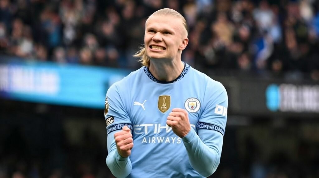 Erling Haaland celebrando una anotación en partido de fútbol