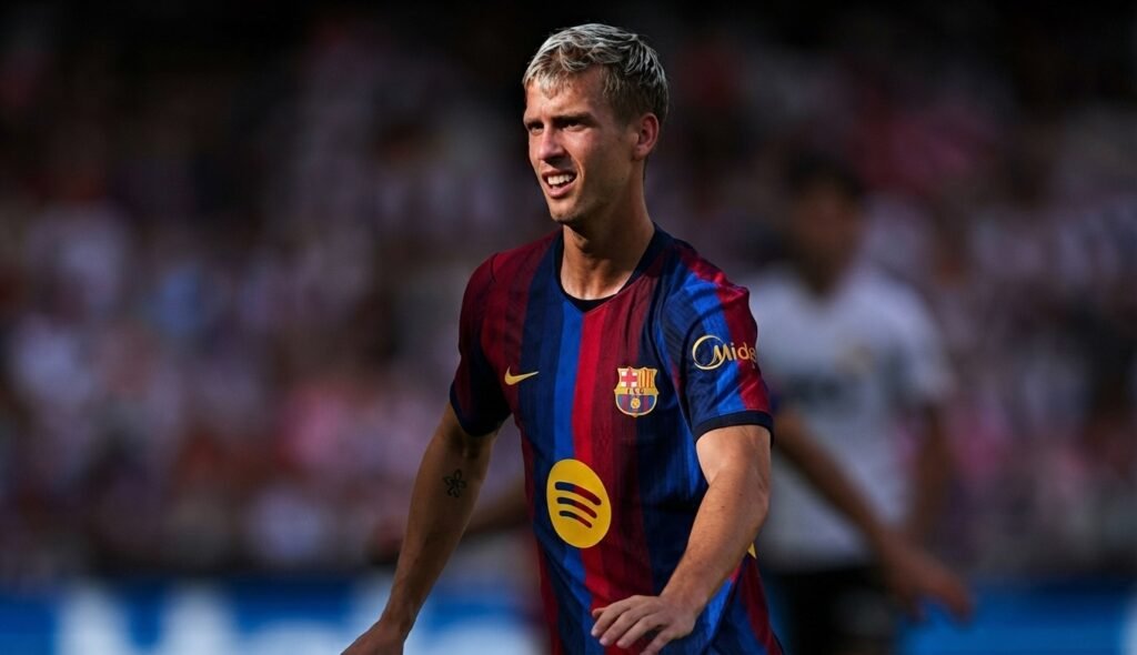 Dani Olmo conduciendo el balón durante un partido de fútbol
