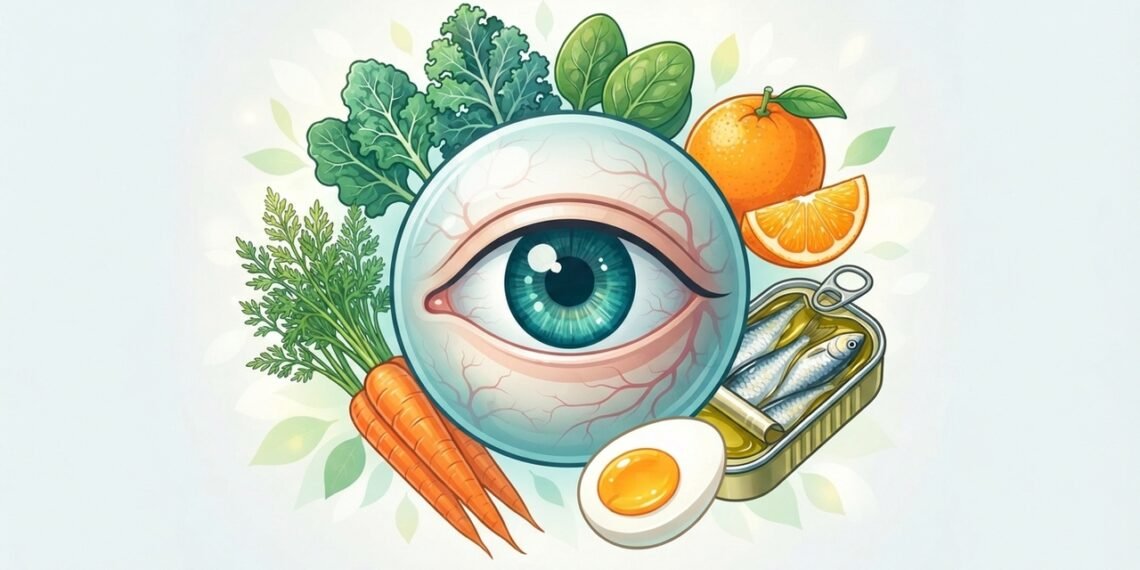 Ojos humano rodeado de alimentos saludables como zanahoria, espinacas, pescado azul, naranjas y huevos, representando una nutrición que protege la vista.