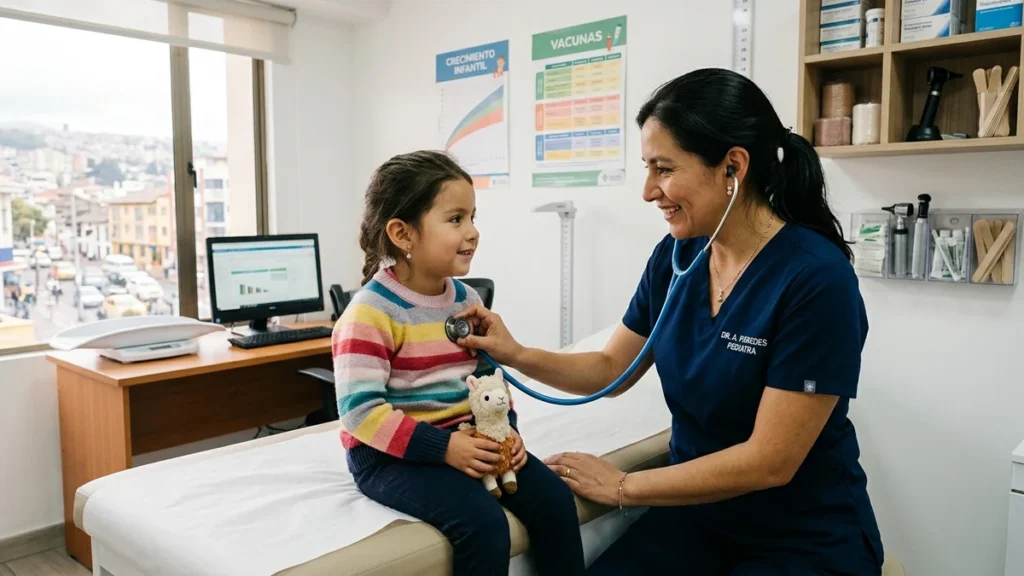 Doctora pediatra examinando a una niña pequeña con estetoscopio en consultorio médico