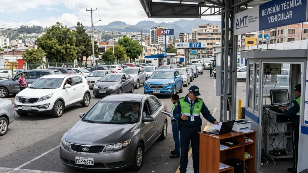 Filas de vehículos en centro de revisión técnica vehicular de la AMT en Quito