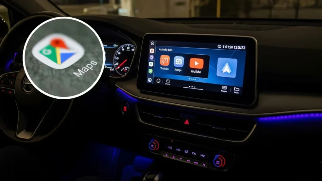 Pantalla de Android Auto mostrando Google Maps con información de velocidad