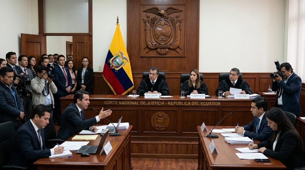 Magistrados y jueces en la sala de audiencias de la Corte Nacional de Justicia en Quito durante diligencia de extradición