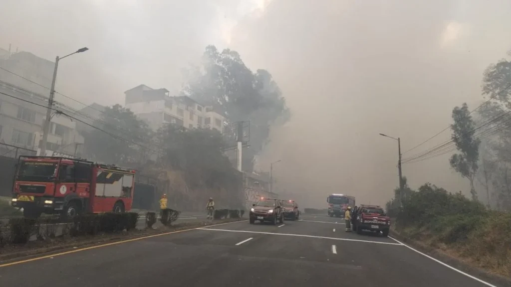 Personal del Cuerpo de Bomberos combate incendio forestal en laderas de Quito