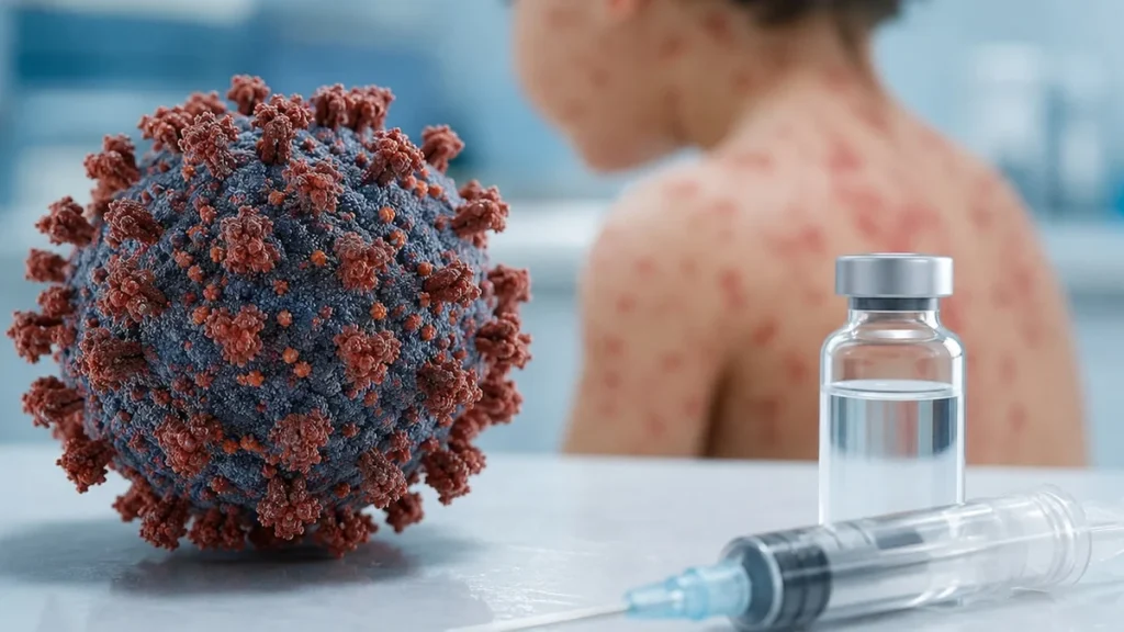 Microscopía del virus del sarampión y jeringa de inmunización