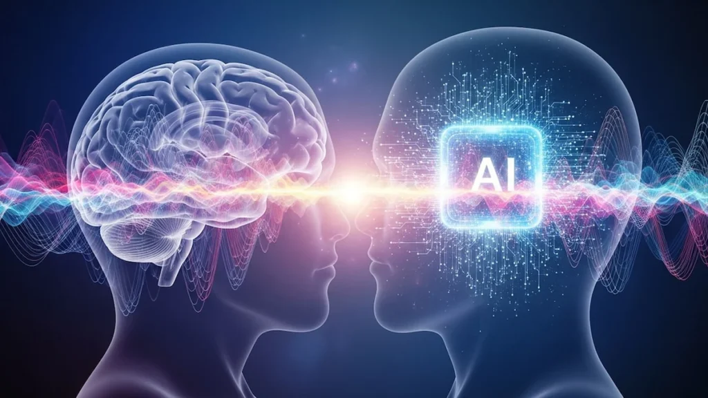 Representación gráfica de redes neuronales de inteligencia artificial interactuando con la mente humana