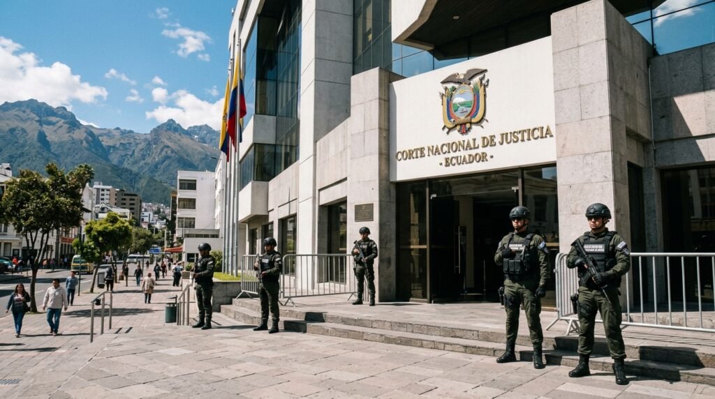 Efectivos policiales custodian el acceso a la Corte Nacional de Justicia durante una audiencia de extradición en Quito