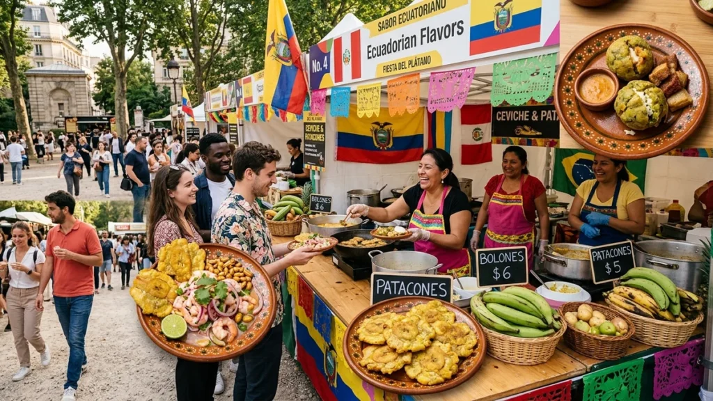 Puesto gastronómico de comida ecuatoriana con bolones y patacones en París