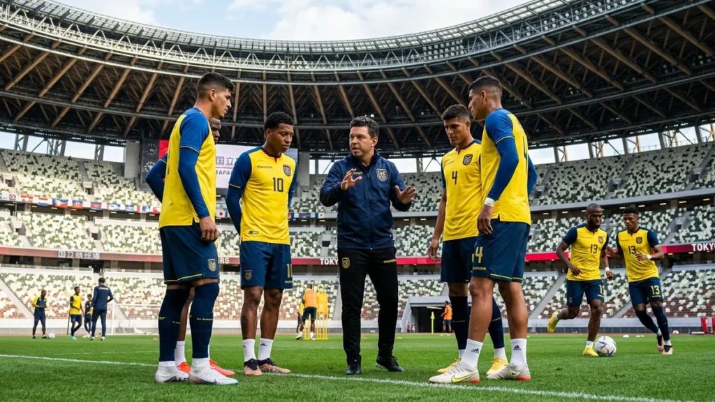 Marcelo Gallardo dando instrucciones a jugadores de la Selección de Ecuador en Japón