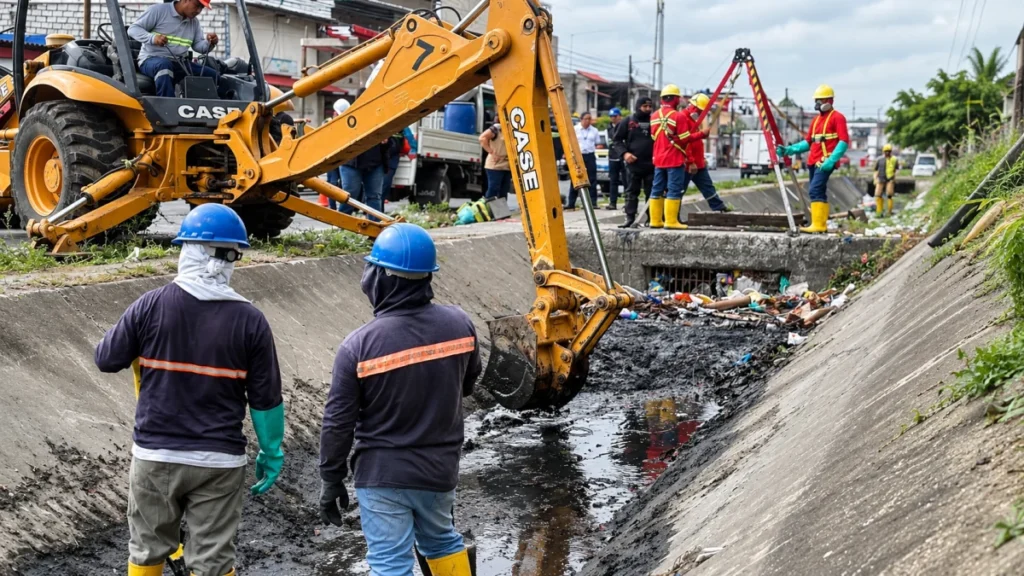 Maquinaria pesada limpiando canales de drenaje pluvial en Guayaquil