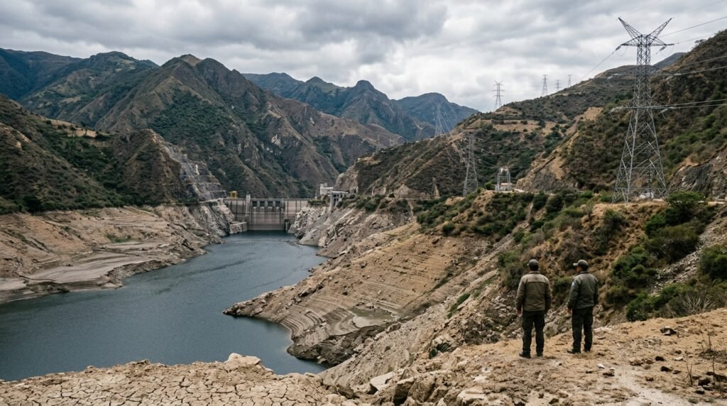 Embalse hidroeléctrico con bajo nivel de agua y torres de transmisión eléctrica en la cordillera andina de Ecuador