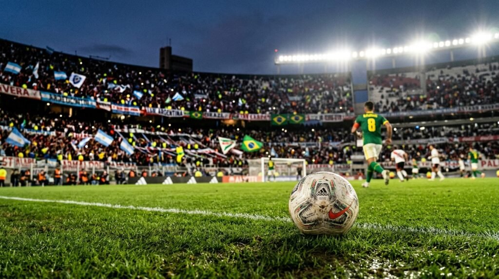Balón de fútbol sobre el césped de un estadio iluminado durante un partido internacional de copa