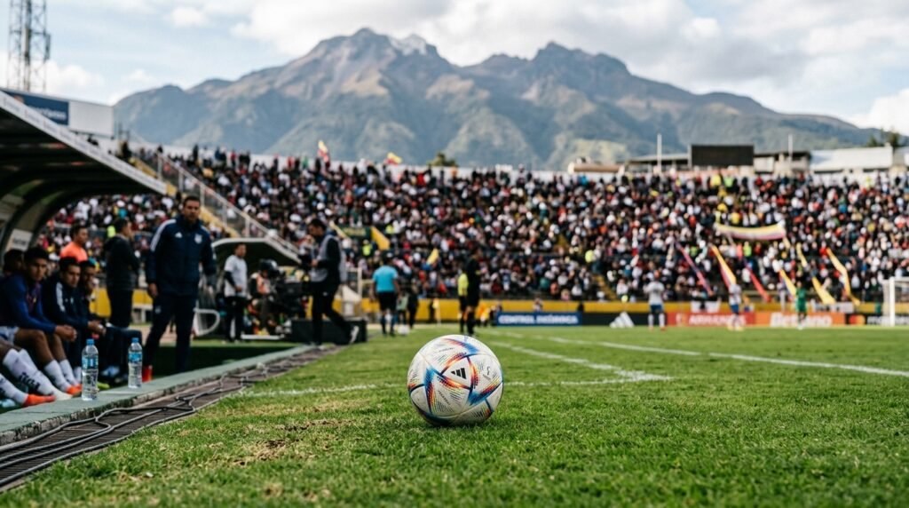 Balón de fútbol sobre el césped de un estadio en Quito durante un encuentro del torneo de ascenso