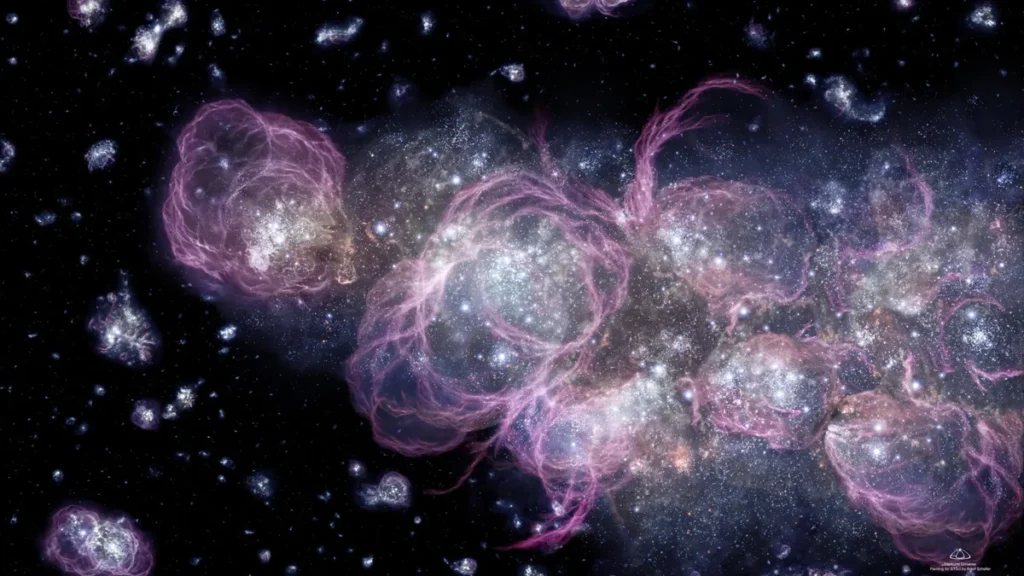 Representación artística de estrellas gigantes en el cosmos temprano