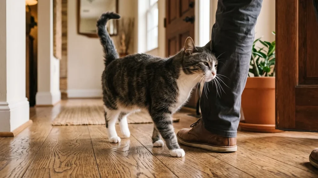 Gato doméstico maullando al regreso de sus cuidadores a casa