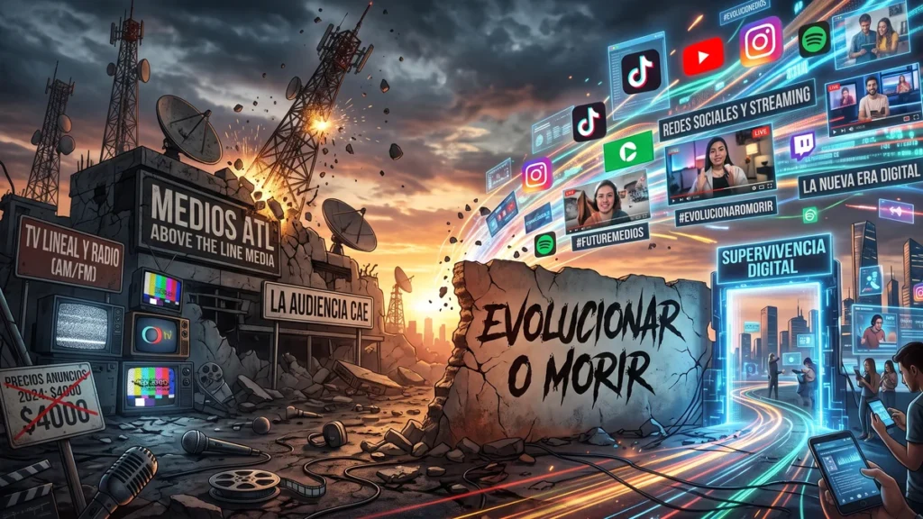 Ilustración de antenas y televisores en ruinas frente a pantallas de redes sociales y streaming