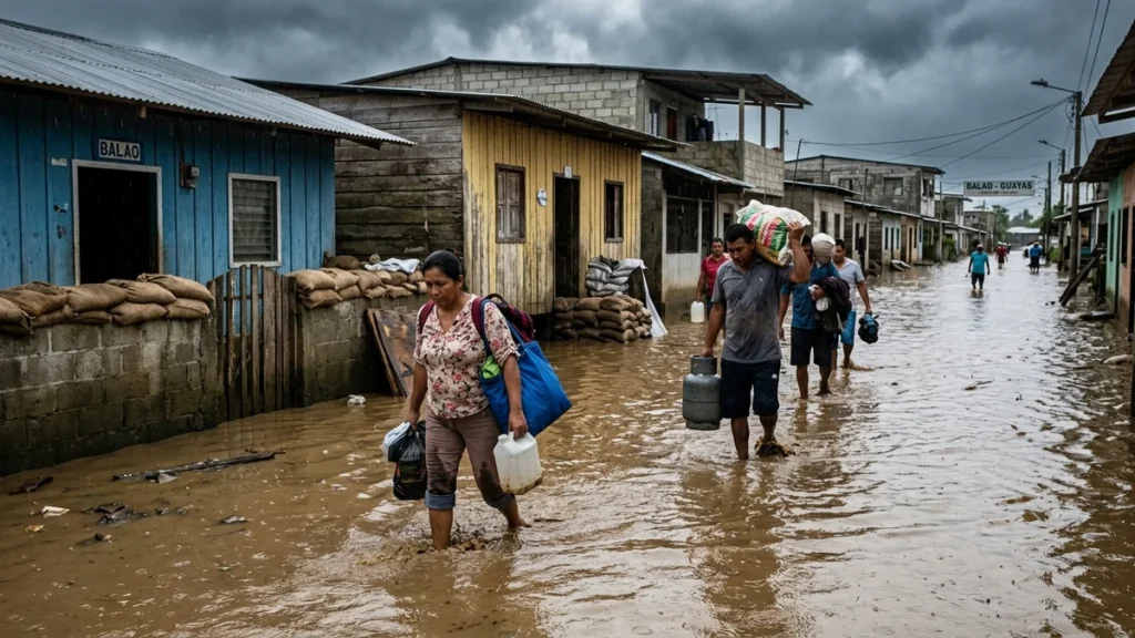 Pobladores de Balao caminan con agua hasta las rodillas cargando pertenencias y víveres