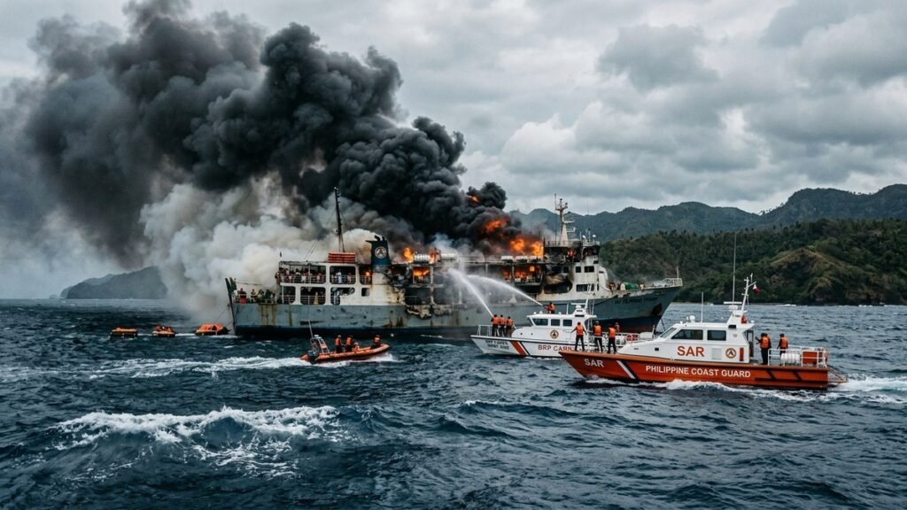 Guardia Costera de Filipinas en labores de rescate tras incendio de ferry en Coron
