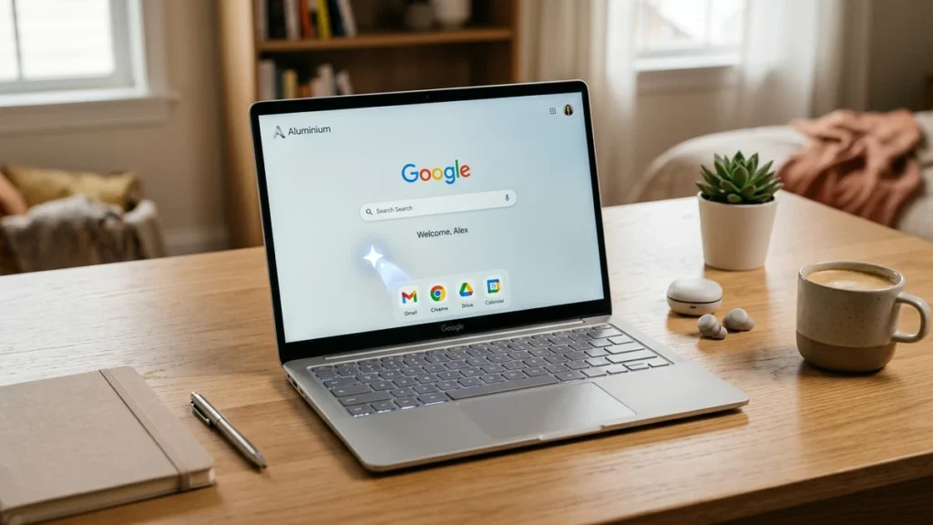 Portátil Googlebook sobre un escritorio mostrando la interfaz Aluminium OS y el cursor con IA