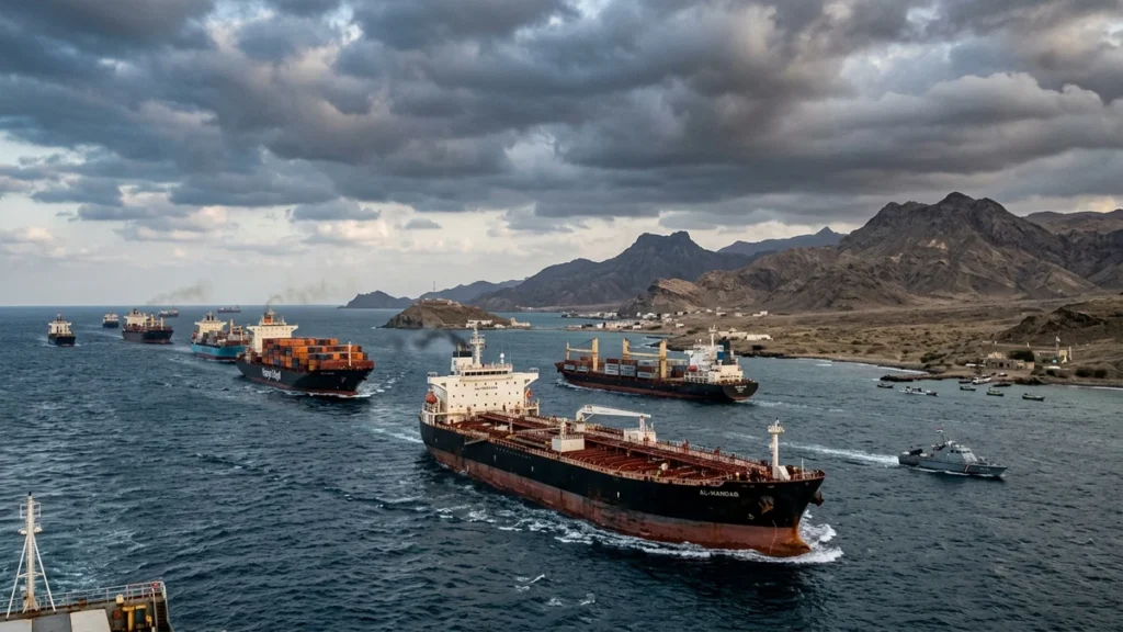 Buques cisterna y portacontenedores navegan por el estrecho de Bab al Mandeb frente a la costa de Yemen