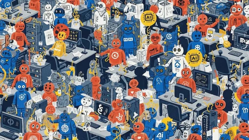 Densa ilustración digital tipo collage con robots y figuras estilizadas sobre una trama de circuitos y código