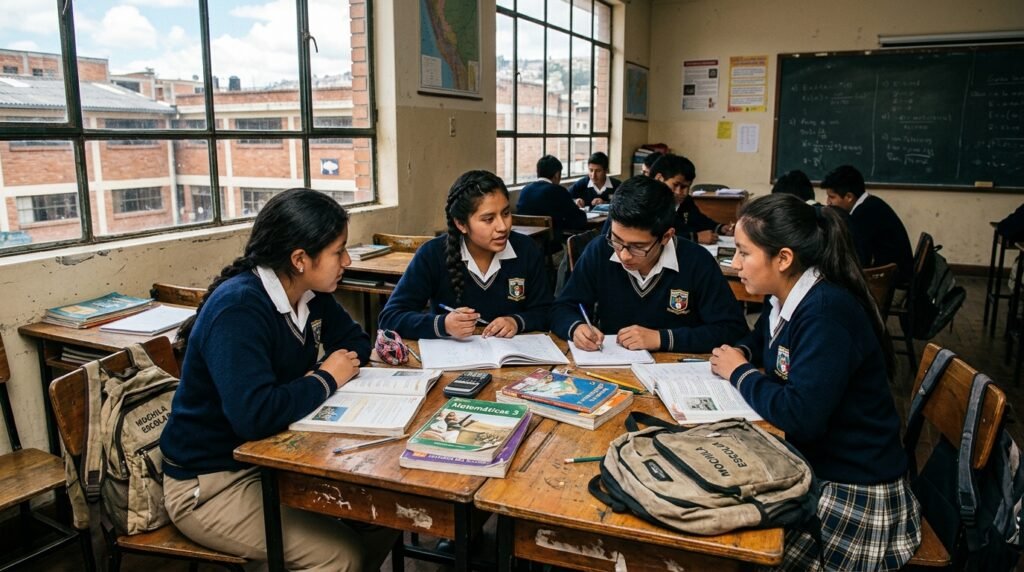 Estudiantes de secundaria en uniforme debaten y resuelven tareas escolares en un aula de clases en Ecuador