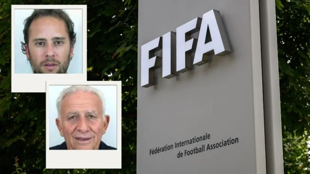 Hugo y Mariano Jinkis junto al logotipo de la FIFA en el marco del caso FIFAGate