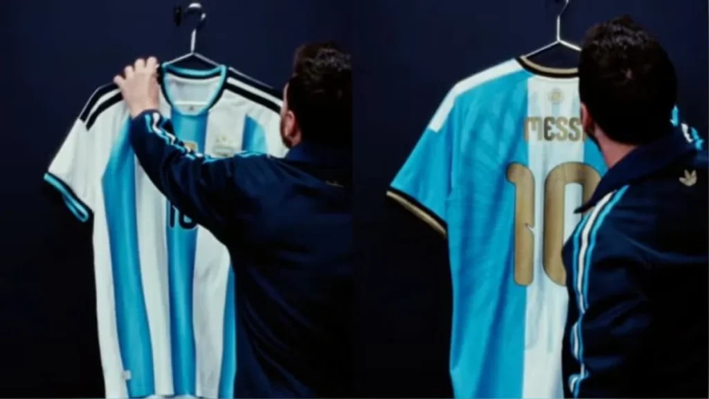 Lionel Messi presentando la camiseta conmemorativa para su despedida de la selección argentina
