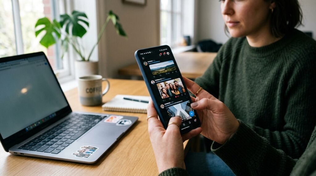 Usuario revisa publicaciones y contenidos informativos en la pantalla de su teléfono móvil inteligente