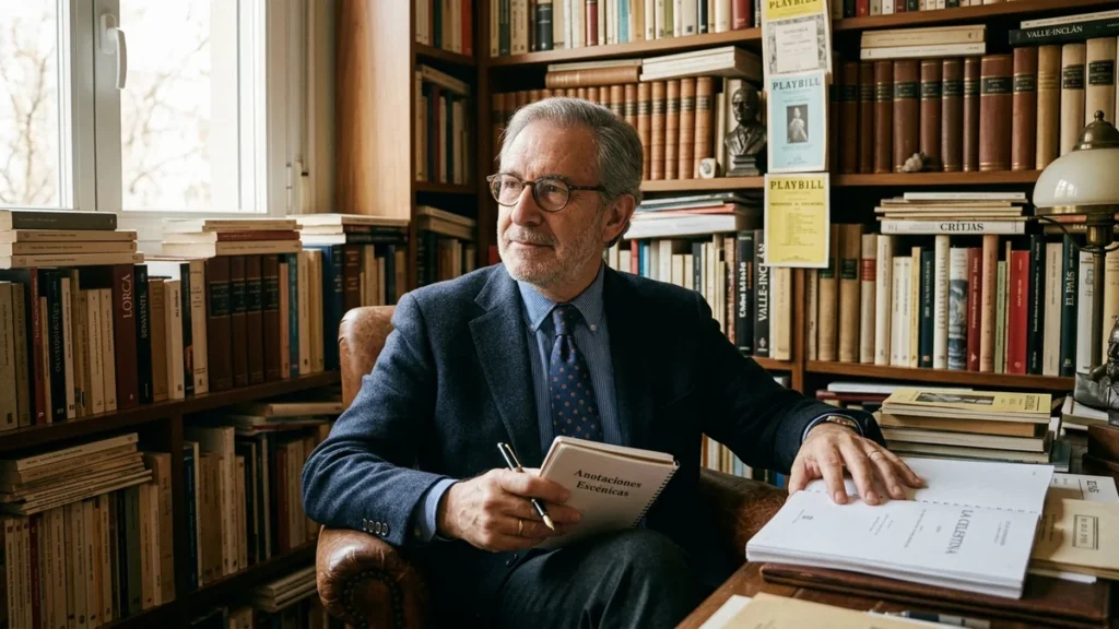 Retrato editorial del escritor y crítico cultural Marcos Ordóñez en su biblioteca