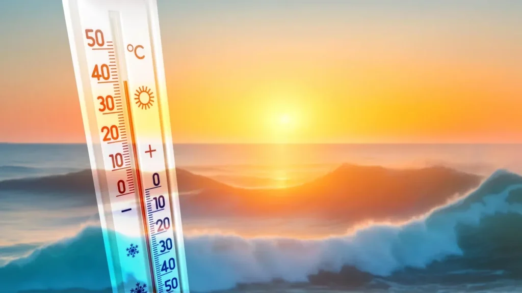 Termómetro ambiental y olas del océano afectadas por calor