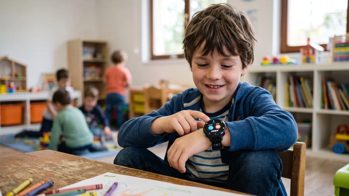 Niño utilizando reloj inteligente para comunicarse con su familia