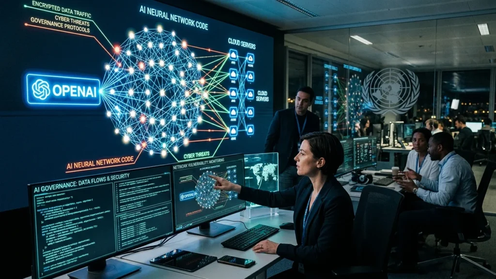 Visualización de ciberseguridad e inteligencia artificial con el emblema de la ONU