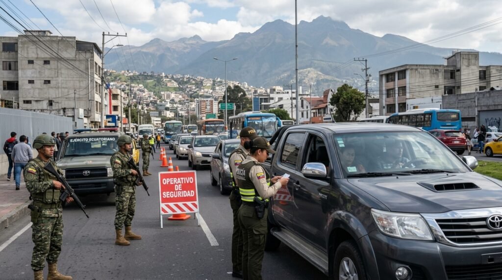 Efectivos de la Policía Nacional y Fuerzas Armadas ejecutan un control vehicular preventivo en una avenida de Quito