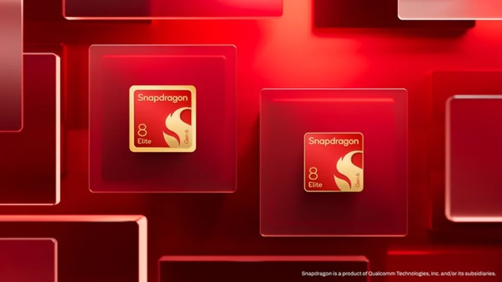 Chips Snapdragon 8 Elite Gen 6 de Qualcomm sobre fondo rojo