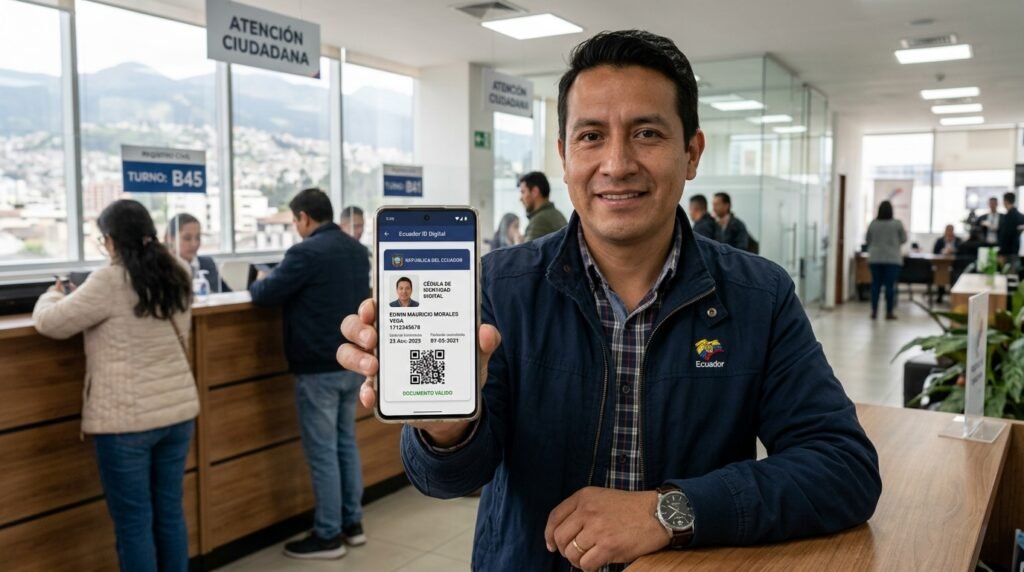 Ciudadano ecuatoriano mostrando su cédula de identidad digital en el teléfono móvil en una agencia de Registro Civil