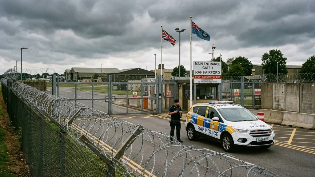 Puesto de control y patrulla policial en el acceso a la base aérea RAF Fairford en Inglaterra